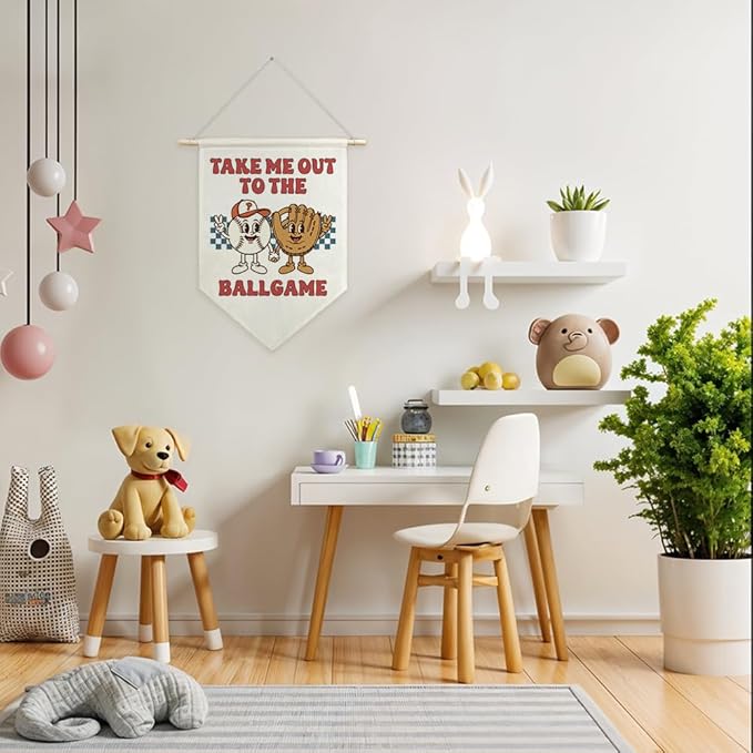 AGMDESIGN Take Me Out To The BallGame Pennant Flag Banner, Vintage Baseball Bedroom Decor, Funny Sports Nursery Decor for Toddler Kids Bedroom Classroom, Ballgame Lovers Gifts for Boys Son Grandson