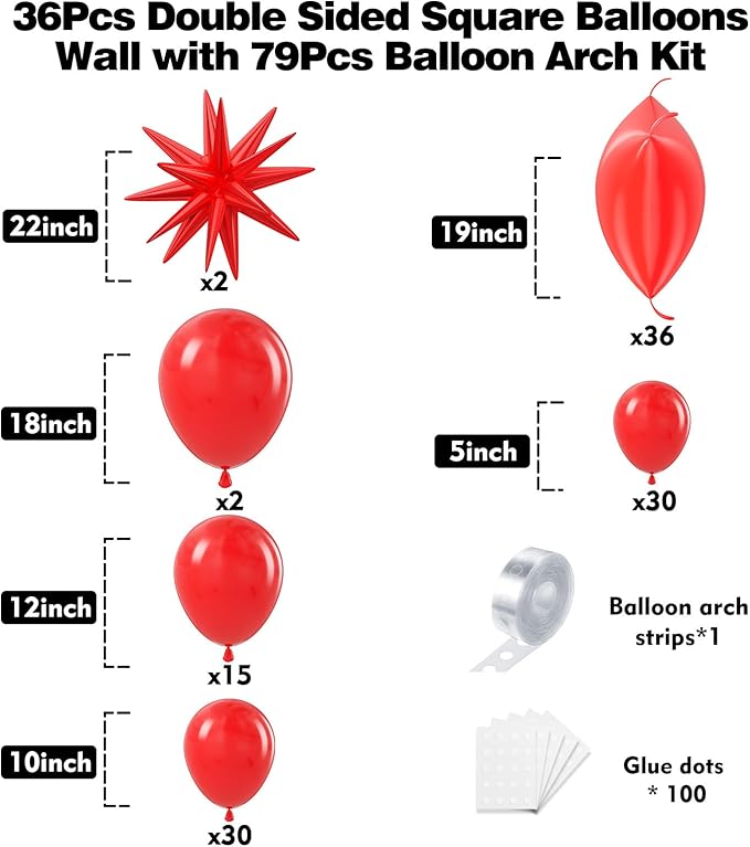36pcs Red Square Foil Balloons Wall Backdrop with 79pcs Balloon Garland Arch Kit, Double Sided Balloons for Birthday Bridal Shower Anniversary New Year Valentine's Day Prom Party Decorations