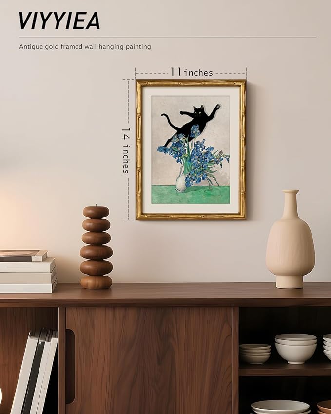 VIYYIEA Bamboo Detail Design Gold Framed Wall Art, Naughty Cat and Toppling Vase Art Work for Wall Decor, Gold Framed Wall Decor Canvas Print Painting, 11 x 14 Inch