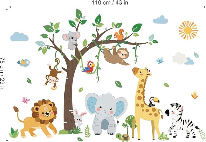 decalmile Jungle Animals Tree Wall Decals Safari Baby Animals Giraffe Elephant Lion Monkey Wall Stickers Living Room Baby Nursery Kids Room Wall Decor