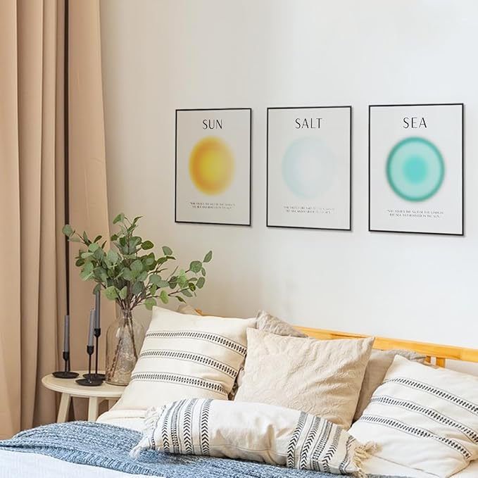 PLKMN Aura Poster Set of 3, Sun Salt Sea Posters, Coastal Room Decor, Beach Energy Aura Posters for Room Aesthetic, Colorful Aura Wall Art for Bedroom Yoga, 8x10 Inch (Unframed)
