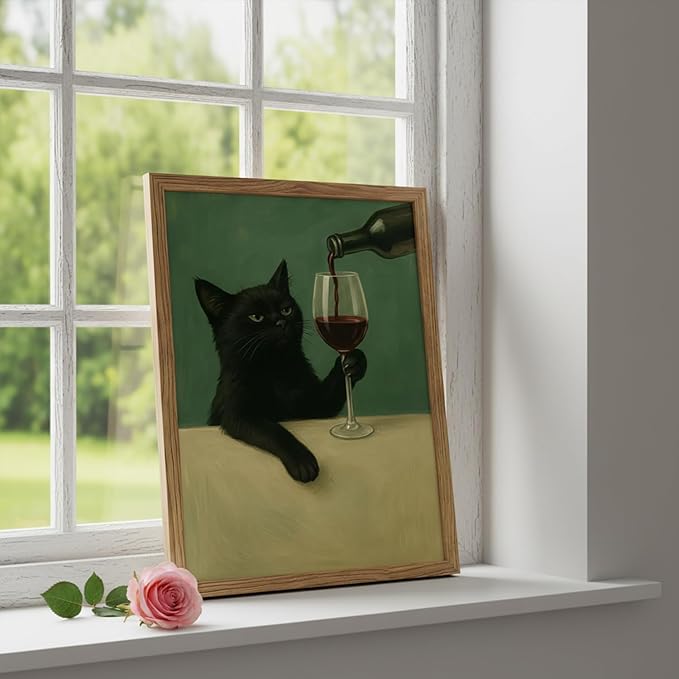 Funny Black Cat Wall Art 8x10 Inch Moody Black Cat with Wine Glass Canvas Wall Decor Whimsical Animal Bar Cart Poster Canvas Prints for Bathroom Kitchen Bar Wood Framed