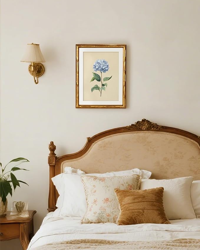 InSimSea Gold Bamboo Framed Canvas Wall Art, Vintage Hydrangea Flower Prints, Antique Moody Picture Frame with Mat, Victorian Home Wall Decor for Kitchen Dining Living Room Bedroom, 11x14inch