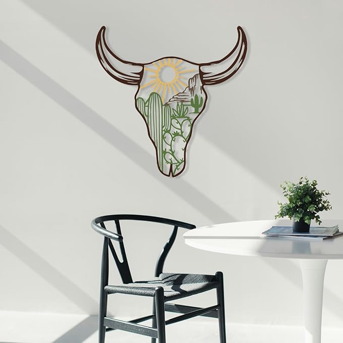 RESACO Cow Skull Metal Wall Art Western Wall Decor Western Bathroom Decorations Southwestern Decor Desert Wall Sculptures for Living Room Bedroom Indoor Outdoor (13in x 13in colorful)