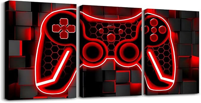 Feelyou Gamer Canvas Art - 3 Piece Red & Black Ombre Wall Decor - 12"x16" Gaming Room Decorations