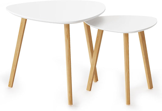 BAMEOS Bamboo Nesting Triangle End Table,Set of 2 Coffee Table Modern Minimalist Side Table for Living Room, Balcony in White
