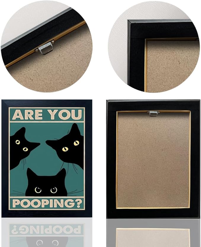 Funny Black Cat Wall Art - Are You Pooping? Bathroom Decor, Vintage Gothic Wall Art, Framed Prints 8"x10", Cute Animal Retro Apartment Decor for Toilet & Bathroom