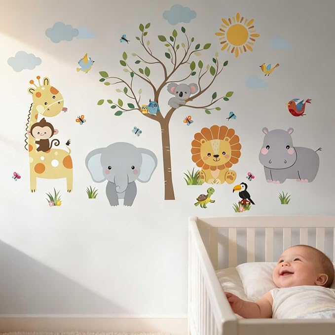 Animal Wall Stickers Decals for Kids: Baby Room Nursery Decor with Jungle Safari Theme Peel and Stick Removable Vinyl - Ages 0-12 Years