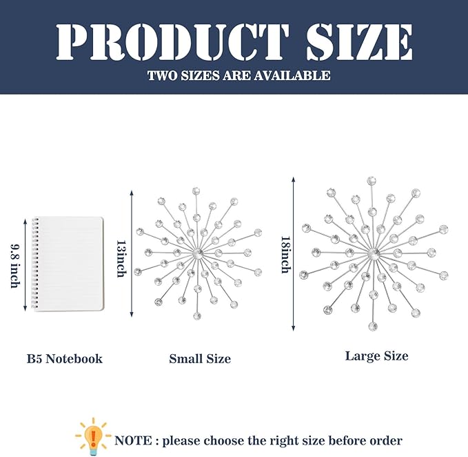 ZEXUIRU 3 Pack Silver Sunburst Wall Decor – Metal Crystal Wall Art with Sparkling Rhinestones, 14’’/18 Inch Starburst Wall Hanging Set for Living Room Bedroom Bathroom – Modern Bling Home Decorations