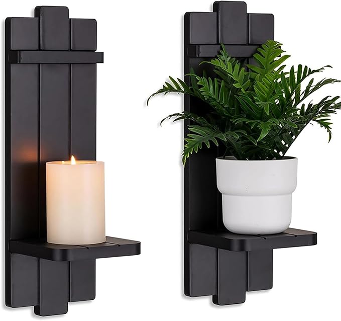 Candle Sconces Black Wall Decor Set of 2 - Wood Wall Candle Holders Set of Two for Small Plants Pillar Candles Tealight - Gothic Distressed Decor for Living Room
