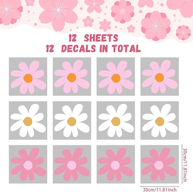 TaoBary 12 Sheet Daisy Wall Sticker Decal Removable Cute Daisy Bedroom Room Decor Flower Wall Sticker Pink White Flower Decal Wallpaper Peel and Stick for Nursery Home(Classic Color,Delicate Style)