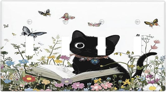 Light Switch Covers Cute Cat Wildflowers Boho Flowers Floral Quad Toggle Electrical Faceplate 4 Gang Wall Plate Decorative Switch Plates For Nursery Kids Room Decor
