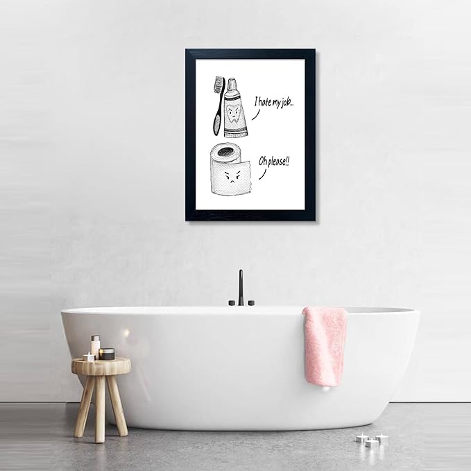 Kids Bathroom Decor Wall Art Black and White Bathroom Print Funny Toliet Paper and Toothbrush Picture Framed Artwork for Children's Washroom