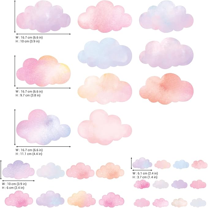 DECOWALL DS4-8094 Pastel Cloud Wall Stickers – Watercolor Sky Decals for Kids’ Room, Nursery & Playroom – Removable & Repositionable Wall Art – 64.8 × 55.7 cm / 25.5 × 21.9 in