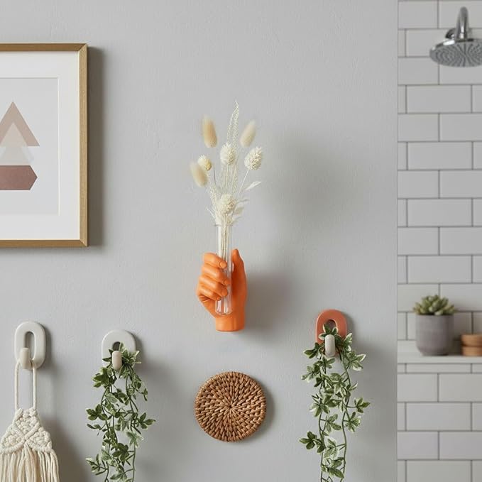 Wall Hand Vase,Vintage Art Decor,Life-Size Hand Sculpture with Glass Test Tube Vase,Unique Wall Art Statue for Indoor or Outdoor,Maximalist Boho Whimsical Decor, for Women (Orange)