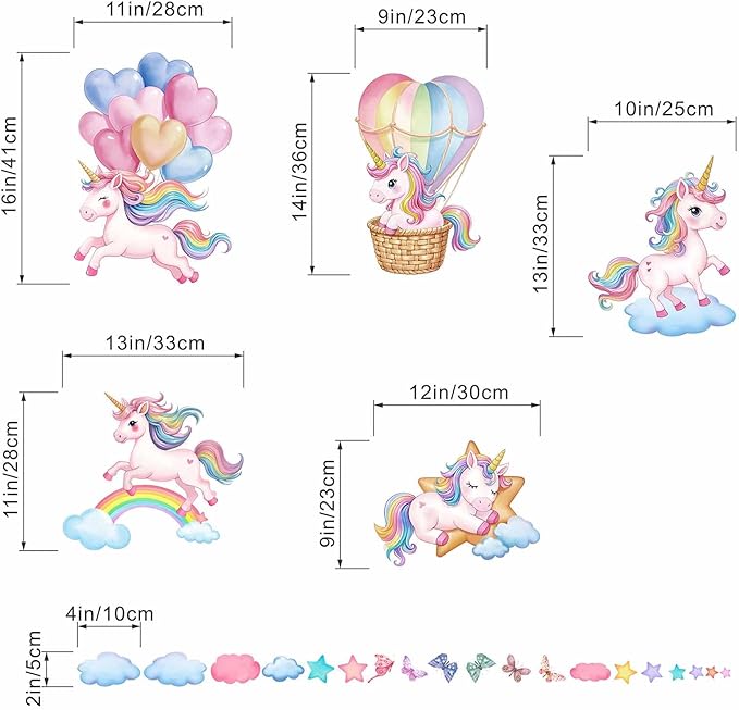Unicorn Rainbow Wall Decals for Girls: Peel and Stick Hot Air Balloon Stars Cloud Wall Stickers - Baby Nursery Boys Room Bedroom - Kids Supplies Ages 1-12 Years Wall Decor Art