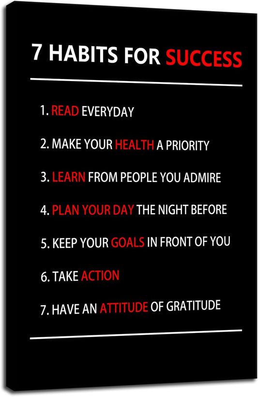 Motivational Wall Art 7 Habits For Success Inspirational Entrepreneur Quotes Canvas Painting Prints Poster Inspiring Office Decor Living Room Gym Decoration Framed Ready to Hang [12''W X 18''H]