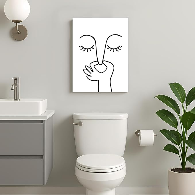 IAFWZX Framed Funny Bathroom Wall Art, Abstract Humor Toilet Wall Decor, Minimalist Face Line Canvas Painting, Modern Black and White Bathroom Poster Print for Restroom Guest Bedroom 12"x16"