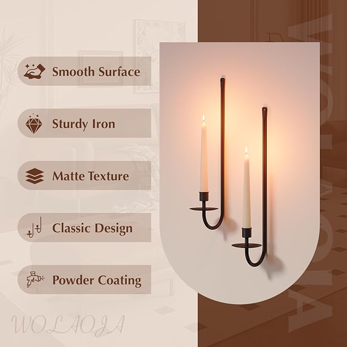 Metal Wall Candle Sconce Holder Set of 2 Wall Mount Candle Holder Pillar Holder Black Modern Wall Candle Sconces Hanging for Living Room Farmhouse Fireplace Wedding