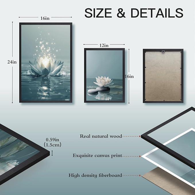 GELDSTEI Calm Zen Botanical Canvas Wall Art, White Lotus Blooming on Stones in Water Aesthetic Pictures, Yoga Spa Meditation Room Decor, Modern Spiritual Poster Prints for Zen Wood Framed Set of 3, Each 16x24 Inch
