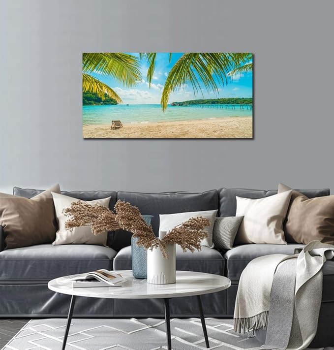 Beach Wall Art Decor Tropical Ocean Canvas Picture for Living Room Blue Seascape Painting for Bedroom Coastal Theme Landscape for Home Office Decorations Ready to Hang(20"*40")