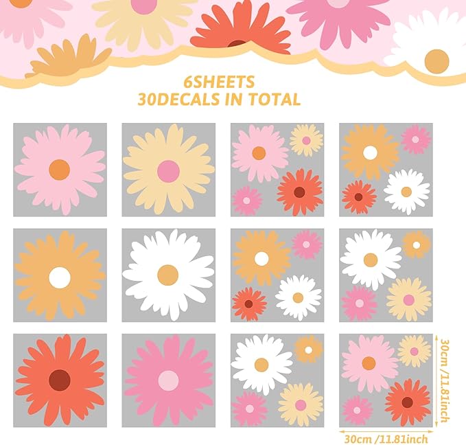 TaoBary 12 Sheet Daisy Wall Sticker Decal Removable Cute Daisy Bedroom Room Decor Flower Wall Sticker Pink White Flower Decal Wallpaper Peel and Stick for Nursery Home(Bright Color,Artsy Style)