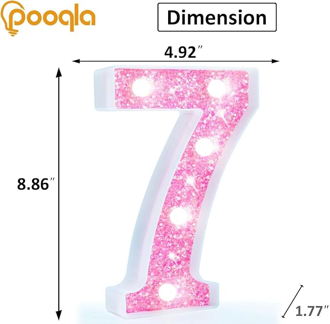 Pooqla Marquee Numbers, Pink Light Up Numbers for Girls 7th Birthday, Battery Powered Glitter Number Night Light Gift for Christmas Bedroom Dorm Room Party Decoration, Cool White Number 7
