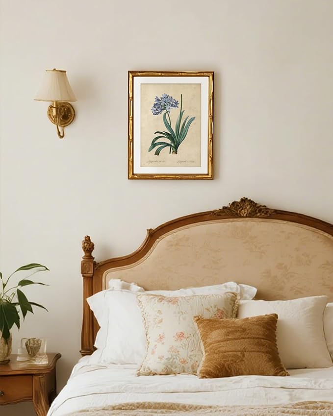 InSimSea Gold Bamboo Framed Canvas Wall Art, Retro African Lily Botanical Prints, Antique Floral Picture Frame with Mat, Victorian Home Wall Decor for Kitchen Dining Living Room Bedroom, 11x14inch