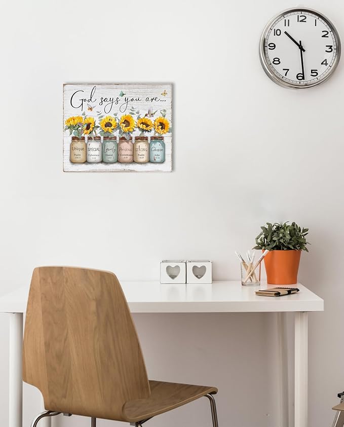 Inspirational Bible Verse Wall Art: God Says You Are Wall Sayings Sunflower in Mason Jar Picture Print Christian Gift Quotes Poster for Women Girl Bedroom Decor 12" x 15"