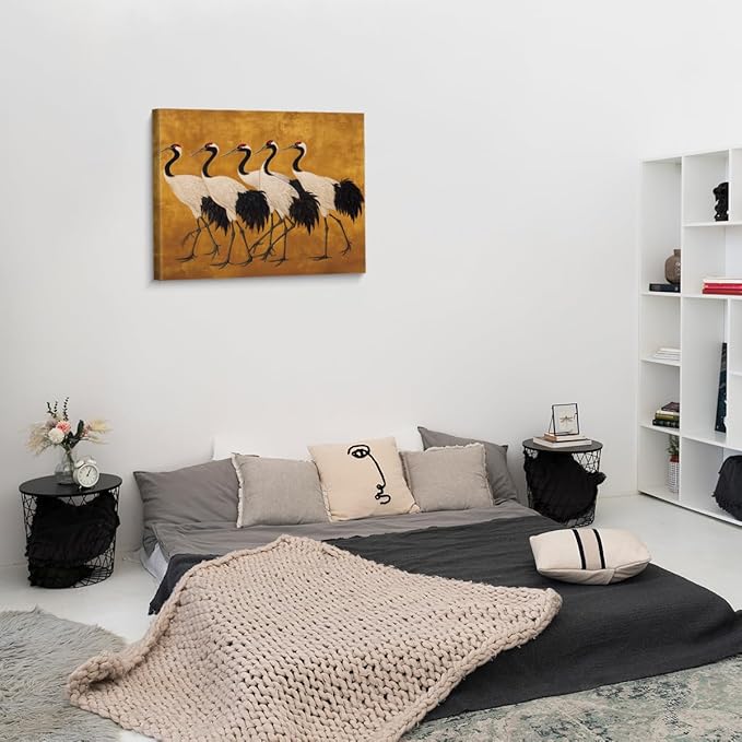 Vintage Crane Canvas Wall Art Print Japanese Cranes Picture Painting Artwork Aesthetic Wall Decor for Home Living Room Bedroom 8x10 Framed