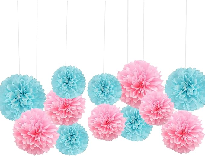 We Moment Tissue Paper Pom Poms Decorations - Pink & Blue Paper Flowers 12 pcs - Gender Reveal Party Decorations for Baby Showers