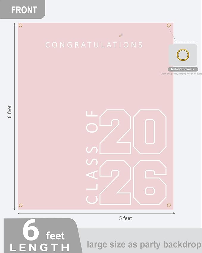 Class of 2026 Graduation Banner 5X6feet - Large CONGRATS GRAD Polyester Banner, Photo Backdrop & Wall Decor for Commencement Party Supplies, Pink and White Graduation Party Decorations for High School & College