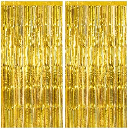 2 Pack Gold Fringe Curtain Backdrop Tinsel Streamers Birthday Party Decorations Christmas Photo Booth Backdrop Halloween New Year Graduation Baby Shower Theme Party Decorations