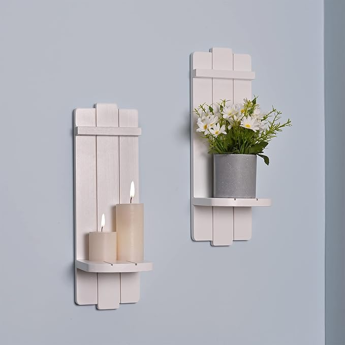 Sconces Wall Decor Set of 2, Candle Holder Rustic Home Farmhouse Art Floating Candle Sconces Shelf White Decorations for Living Room, Dining Room, Bedroom, Bathroom