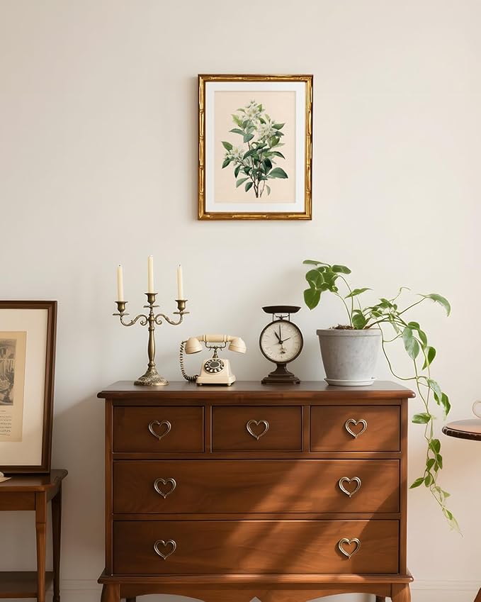 InSimSea Gold Bamboo Framed Canvas Wall Art, Vintage White Jasmine Botanical Prints, Antique Picture Frame with Mat, Victorian Home Wall Decor for Kitchen Dining Living Room Bedroom, 11x14inch