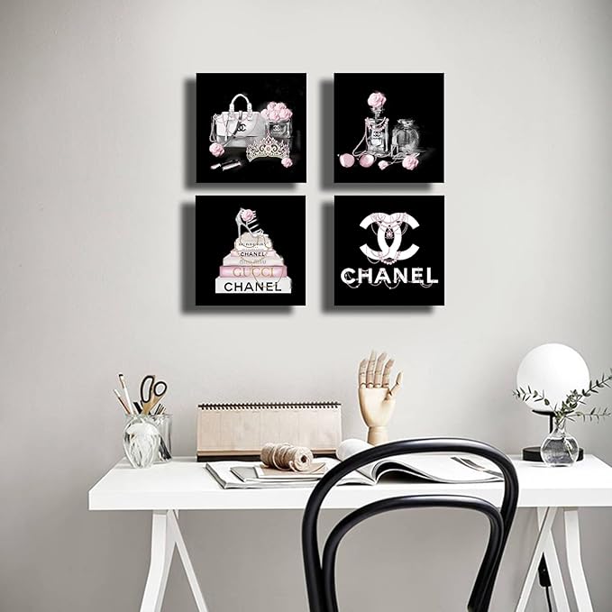 Black And White Wall Art/Pink Book Pictures Room Decor for Teen Girls/Women Handbag Perfume Wall Decor for Living Room/Fashion Canvas Artwork Size 10"x 10"x 4 Pieces
