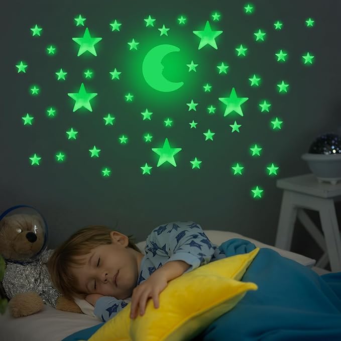 OIG Brands 100 PK Green Glow in The Dark Stars for Ceiling Easter Basket Stuffers for Kids - Star Brite Plastic Glow Stars with Moon & Putty Ages 4,5,6,7,8,9,10,11,12 for Bedroom Space Night Light