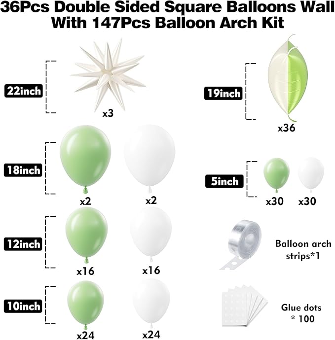 36pcs Cream Green and Cream White Square Foil Balloons Wall Backdrop with 147pcs Balloon Garland Arch Kit, Double Sided Balloons for Birthday Wedding Bridal Shower Baby Shower Party Decorations