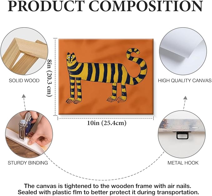 Trendy Tiger Canvas Wall Art Print Stylish Whimsical Tiger Picture Painting Artwork Orange Modern Wall Decor for Home Living Room Bedroom 8x10 Framed
