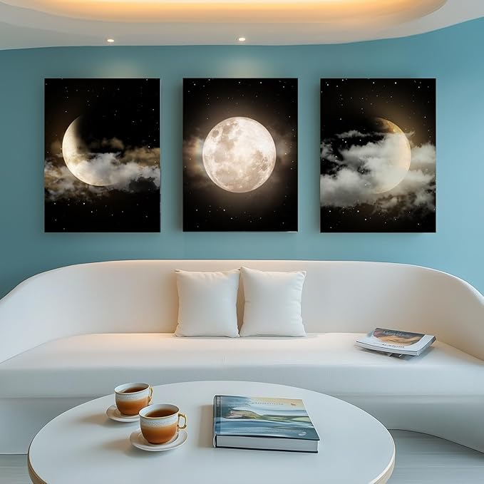 Yxbhhym Black and White Bathroom Wall Art Moon Artwork Modern Canvas Prints Painting Lunar Poster Abstract Pictures for Living Room Bedroom Decor Framed Office Home Decorations
