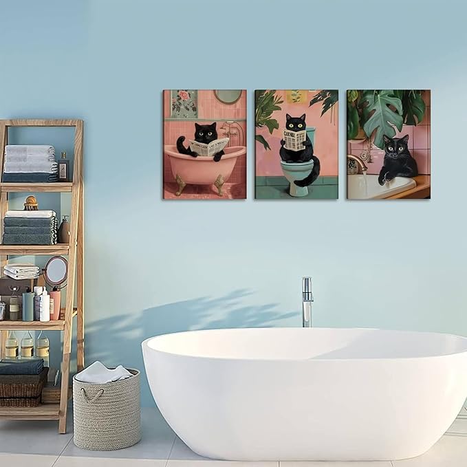 Funny Pink Bathroom Cat Wall Art Painting Set of 3 Maximalist Cute Black Cat Bathroom Wall Decor, Eclectic Animal Restroom Poster Canvas Prints Pictures 12x16 inch Framed