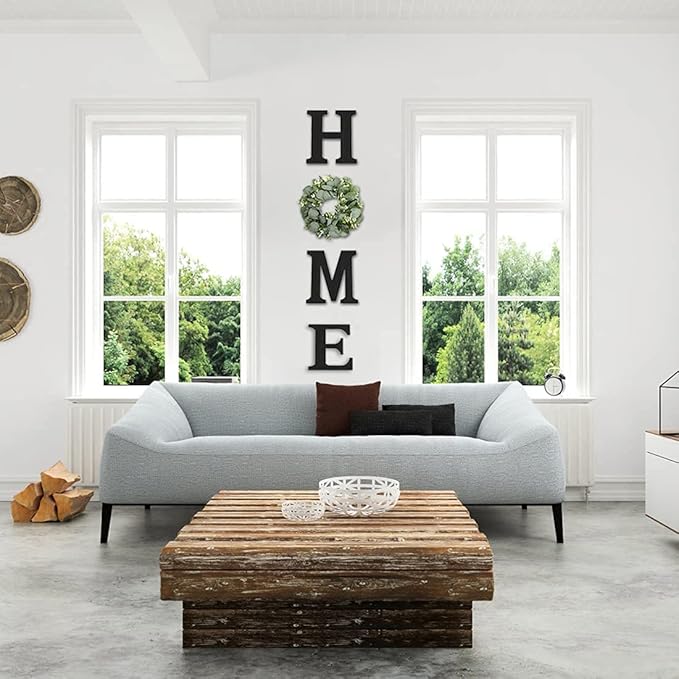 Wood Home Sign with Artificial Eucalyptus Wreath for O, Hanging Farmhouse Wall House Decor Wood Letters for Wall Art Rustic Home Decor, Wall Decor for Living Room Kitchen Entryway (Black)