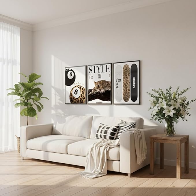 3Pcs Trendy Leopard Wall Art Preppy Aesthetic Stylish Leopard Painting Picture Wall Decor Funky Lucky 8 Ball Cheetah Poster Print Artwork for Bedroom Living Room Bathroom Home Decoration Unframed