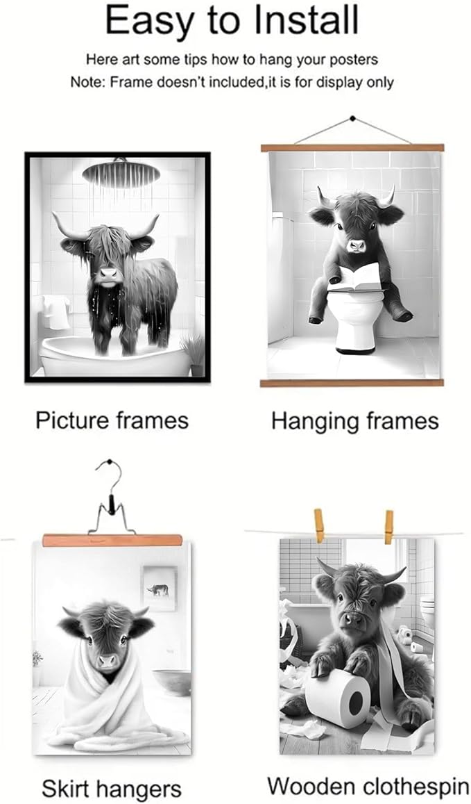 Western Cow Bathroom Decor Wall Art,Funny Highland Cow Wall Art in Restroom,Black and White Wall Decor,Highland Cow Canvas Art Prints,Rustic Retro Bathroom Wall Decor Humor Animals Artwork Prints,8x10inchx4pcs,Unframed