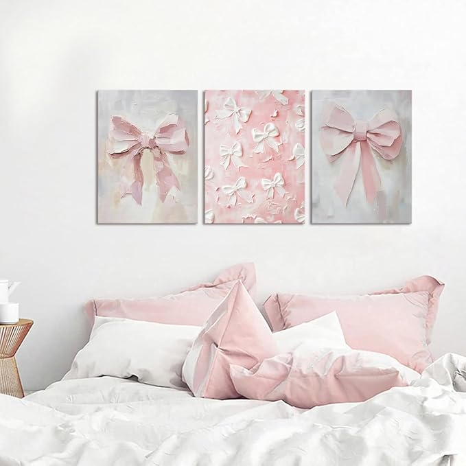 Pink Bow Canvas Wall Art Set of 3 Coquette Oil Painting Cute Bow Posters Wall Decor Trendy Preppy Print Picture for Back to School Bedroom Bathroom College Dorm 16x24 In Framed