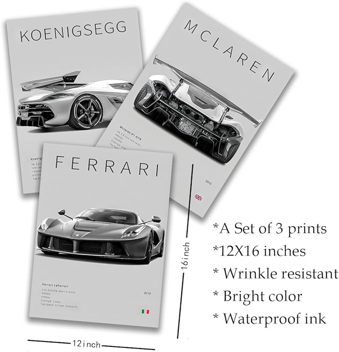 CSLGQGV Car Poster Vintage Racing Car Wall Art Supercar Canvas Prints Painting For Men Room Pictures Guys Dorm Room Aesthetics Decor Bedroom Office (black and white car frame, 12x16in)