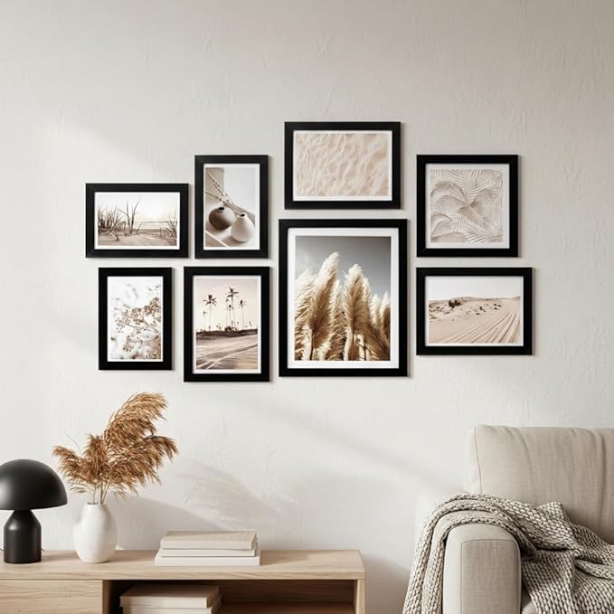 ArtbyHannah Gallery Wall Frame Set, 8 Pack Picture Frames Collage Wall Art Decor with Neutral Pampas Grass for Bedroom, Assorted Size Including 8"x10", 5"x7", 4"x6", 6"x6"(Black Frame,Small)