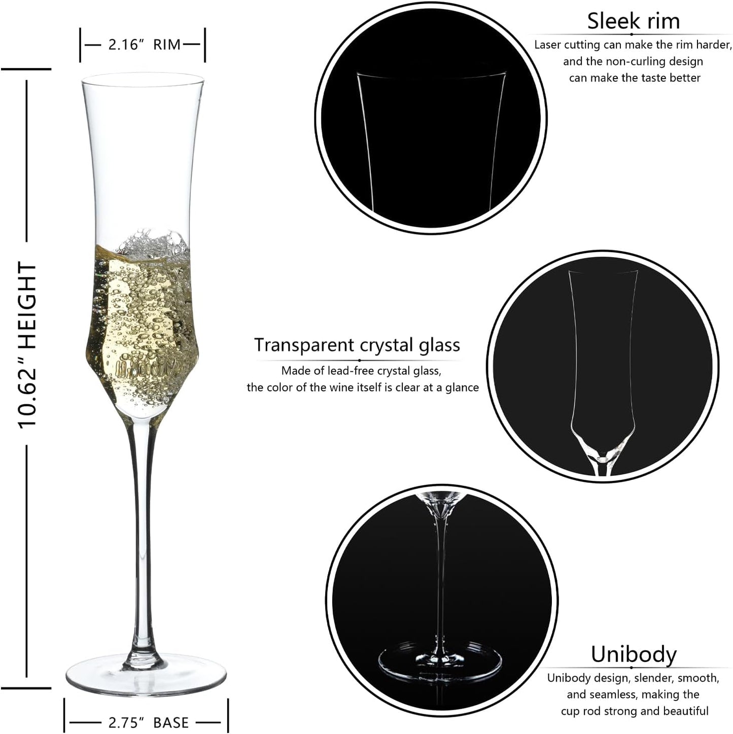 Champagne Flutes Set of 6 - Hand Blown Crystal Champagne Glasses With Long Stem - 7 oz Elegant Sparkling Wine Stemware - Unique Gift for Birthday,Wedding,Mother's Day,Housewarming
