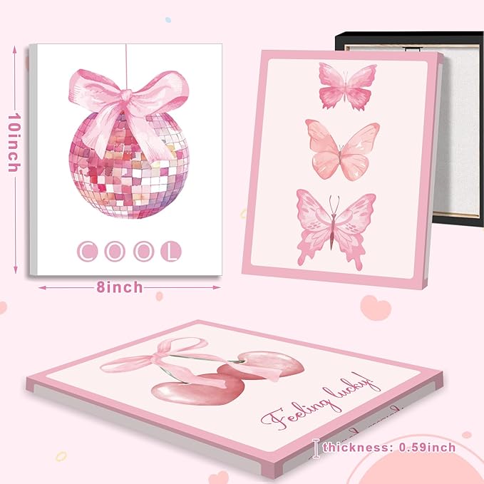 Framed Preppy Bows Wall Art, Pink Bow Girly Wall Decor for Bedroom Aesthetic, Preppy Bow Pictures for Girls Bedroom College(Ready to Hang, Set of 6, 8X10in, Framed)
