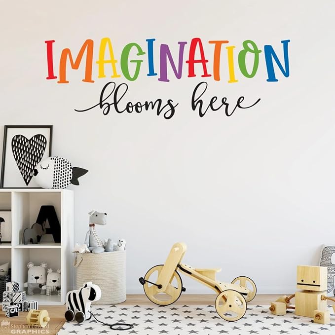 Finduat Imagination Blooms Here Decal, Inspirational Quote Wall Decal Sticker, Classroom Decor, Children Bedroom or Playroom Wall Art